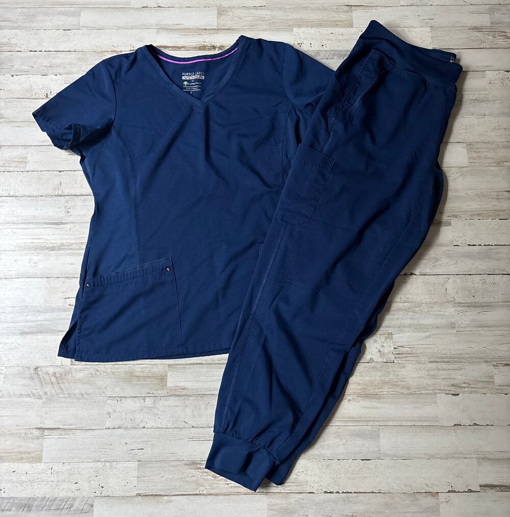 Purple Label Yoga Healing Hands Women's V-Neck Scrub Top and Pants Set L